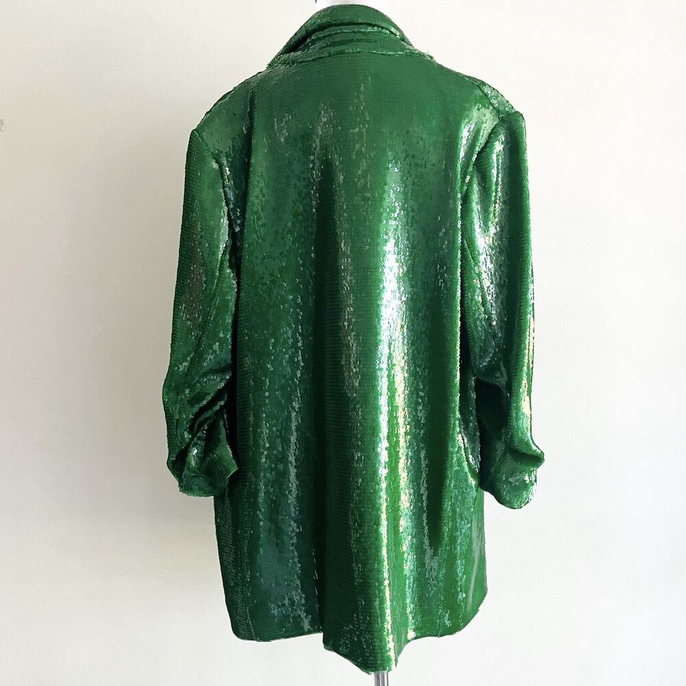 River Island Sequin Blazer Jacket US Size 8 Emerald Green Open Ruched Sleeve - Picture 4 of 7